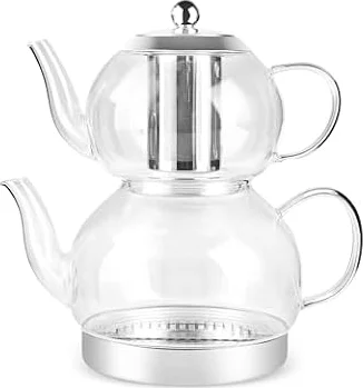 Karaca Pandora Borosilikatglas Teekannen-Set mit Edelstahl-Teesieb, 2 L Kessel & 1 L Glas Teekanne mit Sieb, Turkish Tea Pot, Caydanlik, Türkischer Teebereiter für Kräutertee, losen Tee