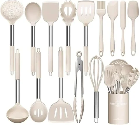 Küchenutensilien-Set, 15-teilig Silikon Küchenhelfer Set, Antihaft Hitzebeständiger Kochutensilien Kochgeschirr mit Utensilienhalter, Edelstahl Griff, Spülmaschinengeeignet (Khaki)