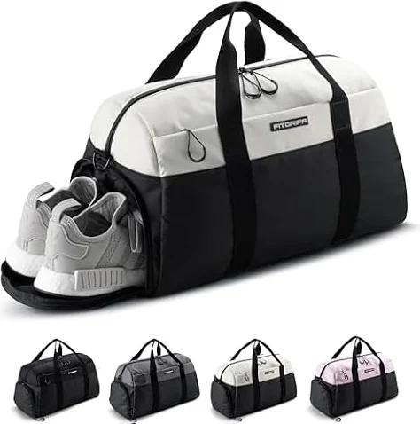 Fitgriff® Sporttasche & Reisetasche V2 für Damen und Herren - mit Schuhfach & Nassfach - Tasche für Sport, Fitness, Reisen - Trainingstasche, Gym Bag, (Black/Creme White, Small)