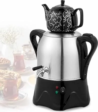 Elektrischer türkischer Samowar mit Warmhaltefunktion, 3L Edelstahl, 1L Keramik-Teekanne, 2-stöckiger Teekessel, Wasserhahnspender für Kaffee duftenden Tee