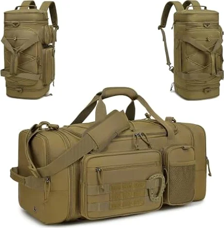 TONRUYN Taktische Reisetasche Sporttasche 40-45L Erweiterbar 3-in-1 Sporttaschen Herren Mittel mit Schuhfach Nassfach und Rucksackfunktion Trainingstasche Damen für Militär Fitness Gym Sauna, Braun