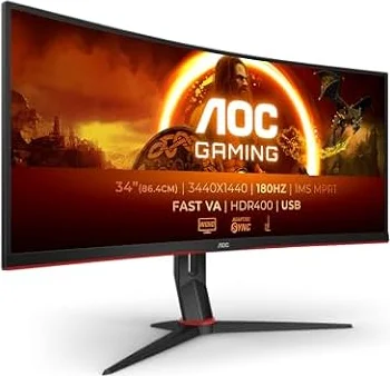 AOC CU34G2XPD/BK 34 Zoll Curved, UW-QHD USB Hub Gaming Monitor, 180Hz, Fast VA Panel, 1ms GtG, HDR400, FreeSync Premium, Höhenverstellung,(3440x1440 HDMI 2X 2.0 DP 2X 1.4) Schwarz/Rot