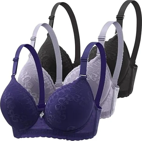 3er Pack Klassische Spitzen BHS Damen mit Bügel Sport Push Up BH mit Verstellbarem Bustier Komfort Nahtlos BH Set Gepolstert Frauen Sexy Trainings-BH für Alltag Yoga Fitness