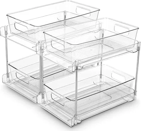 Spülschrank Organizer, Multifunktionale Unter Waschbecken Regal 2 Stück, Transparent Mit Schiebeschublade, Gewürzregal, Kosmetik, 2 Etagen für Küche, Badezimmer, Schlafzimmer