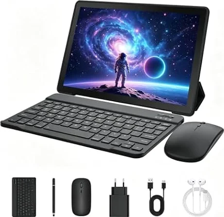 MUTSAY Tablet 10 Zoll Android 16 Tablets PC mit Schutzhülle Tastatur Maus Stift Kopfhörer Netzteil Kabel 24 GB RAM 64 GB ROM IPS 1280x800 Dual-Kamera 5 MP+8 MP 6000 mAh WiFi 6 BT 5.4 (Schwarz)