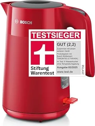 Bosch kabelloser Wasserkocher MyMoment TWK2M164, Abschaltautomatik, Überhitzungsschutz, Tassenanzeige, entnehmbarer Kalkfilter, Trockengehschutz, Dampfstopp-Automatik, 1,7 L, 2400 W, Rot matt