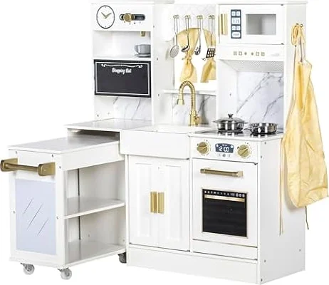 BRINJOY Kinderküche, Holz Kleinkind Küche Set mit Vorhänge, Kaffeemaschine, Aufbewahrungsregal, Herd, Waschbecken, Geschirr, Licht & Klang,Spielen Küche Spielzeug Geschenk für Mädchen Jungen