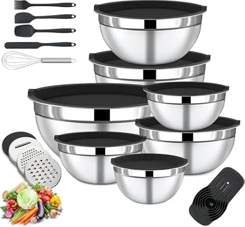 BEWOS 7-teiliges Rührschüssel Set mit Deckel - Rührschüsseln Edelstahl mit Reibe, nistend Design & Spülmaschinenfest, Größen 0.74, 1.16, 1.59, 2.00, 2.75,3.38, 4.54 QT zum Mischen & Servieren