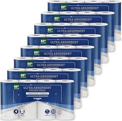 by Amazon Ultra-saugfähige TAD-Küchenrolle, 32 Rollen (8 Packungen à 4), 51 Blätter pro Rolle