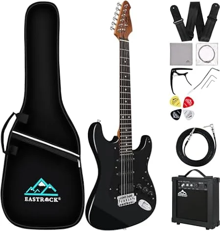 Eastrock E Gitarre Set E Guitar 39 Zoll Elektrogitarre mit Gitarre Tasche, Plektrum, Gurt, Instrumentenkabel, Ersatzsaiten, Geeignet für Anfänger und Erwachsene, E Gitarren Set in Schwarz