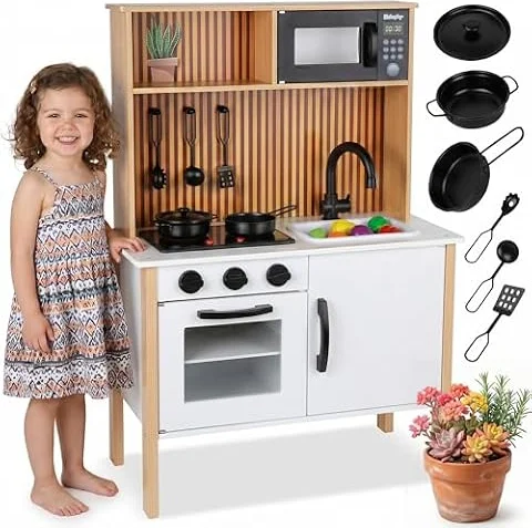 Kinderküche aus Holz mit Licht & Sound – Spielküche mit Zubehör, Herd, Backofen, Spüle, Mikrowelle – Moderne Holzküche für Kinder ab 3 Jahren, GS0070