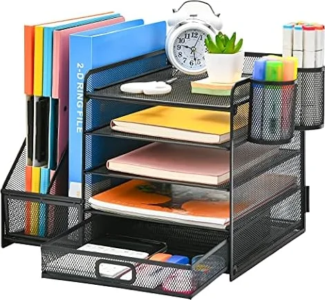 Marbrasse Schreibtisch Organizer mit Aktenhalter, 5 Ebenen Papier Briefablage mit Schublade und 2 Stiftehalter,Schreibtisch Netz Ablagefächer Organizer mit für Büro Bedarf (Schwarz)