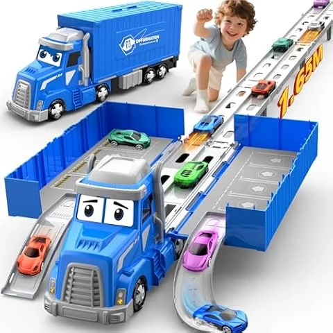 maysida Containerwagen Transport Truck Spielzeugautos für Jungen im Alter von 3, 4, 5, 6 Jahren, 165cm&Faltbare Rennbahn Truck mit 6 Autos Spielzeug, Transporter Spielzeug-Kinder Geschenke für Jungen