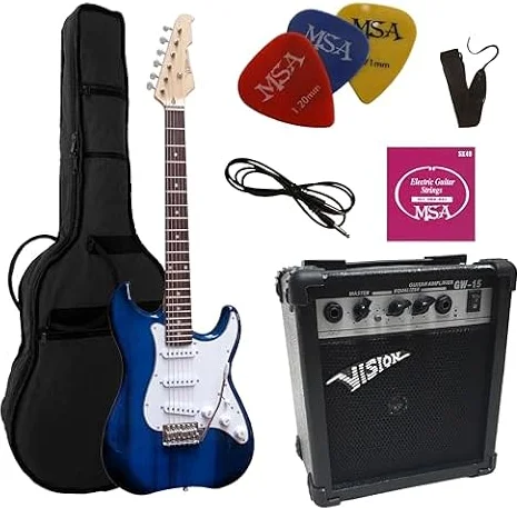 ELEKTROGITARRE DUNKELBLAU TRANSPARENT - E-GITARRE - IM SET MIT 20WATT VERSTÄRKER - TASCHE - BAND - SAITEN - 3xPIK