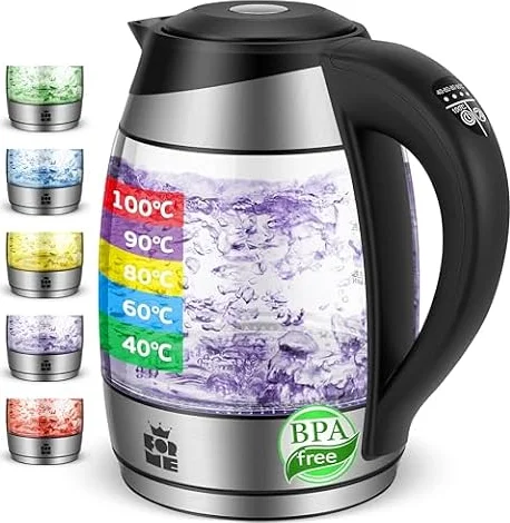 FOR ME Glas Elektrischer Wasserkocher 1,8L, Temperatureinstellung, Temperaturwahl 40°C bis 100°C, 5 Farben LED-Beleuchtung, Warmhaltefunktion, BPA Frei