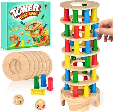 Montessori Brettspiel aus Holz, 48 Stück Bunte Holzsäule Würfelspiel Mathematik Lernspielzeug ab 3 4 5 6 Jahre, Feinmotorik Spiel & Zählspielzeug, Familien Reisespiel Montessori Spielzeug ab 3 Jahren