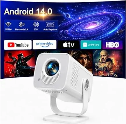 Mini Beamer 4K Unterstützt [Android 14 & App Steuerung] WiFi 6 BT 5.4