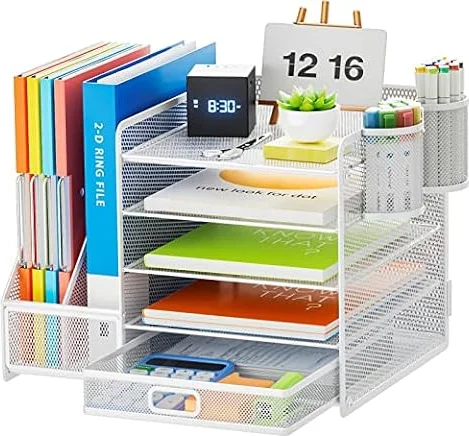 Marbrasse Schreibtisch Organizer mit Aktenhalter, 5 Ebenen Papier Briefablage mit Schublade und 2 Stiftehalter,Schreibtisch Netz Ablagefächer Organizer mit für Büro Bedarf (Weiß)