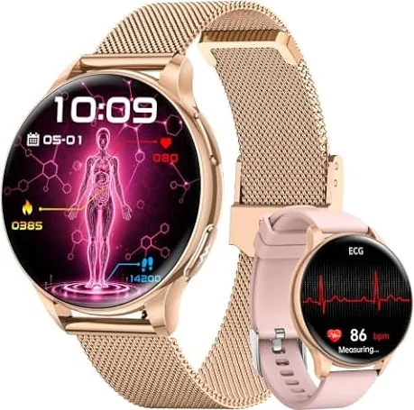 Smartwatch Damen mit EKG/HRV/BMI/Blutdruck, 1,32" AMOLED Rund Uhr, Roségold