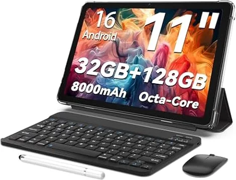 TUOHAITIME Android 16 Tablet, 11Zoll Tablet, 32GB+128GB 1 TB erweiterbar, Produktivitäts-Bundle mit Tastaturhülle, Eingabestift, Octa-Core Prozessor, Dual-Kamera, WiFi, 8000-mAh-Akku (Schwarz)