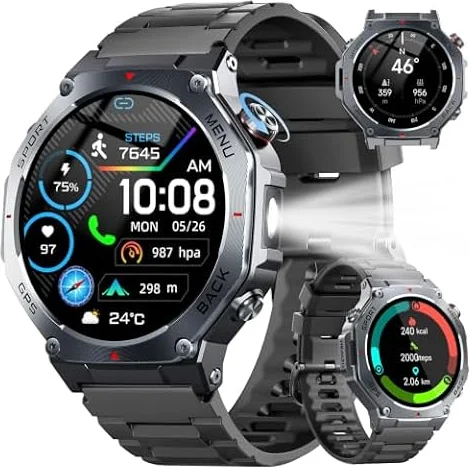 Smartwatch Herren Rund mit Integriertem GPS, 1,43" AMOLED Always-On Display