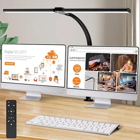 LOTTBUTY Doppelkopf Schreibtischlampe LED dimmbar,24W 80CM Homeoffice Tageslichtlampe Schreibtisch Lampe, Schwanenhals Büro Tischlampe (Schwarz,Klemmbar)