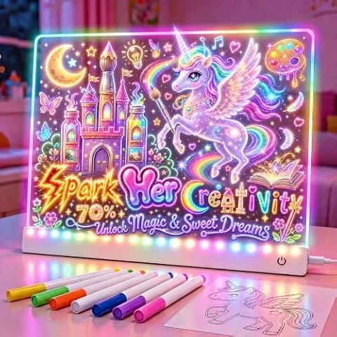 EUCOCO LED Zeichenbrett für Kinder, Geschenk Mädchen Junge 2 3 4 5 6 7 8 9 10 Jahre Kinder Spielzeug ab 2-14 Jahre Mädchen Junge Geburtstagsgeschenk, 12 Lichtmodi LED Maltafel, 7 Stifte & Vorlagenbuch